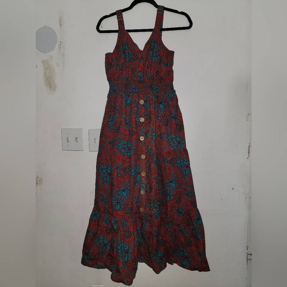 NAOO Artsy Floral Tiered Bohemian Long Flowy Sundress M Wooden Buttons